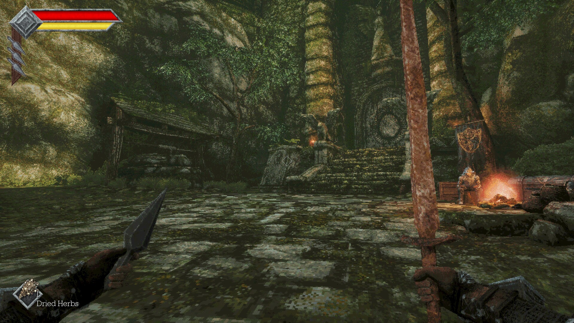 A crystal save point burning beside a spiral-carved pillar