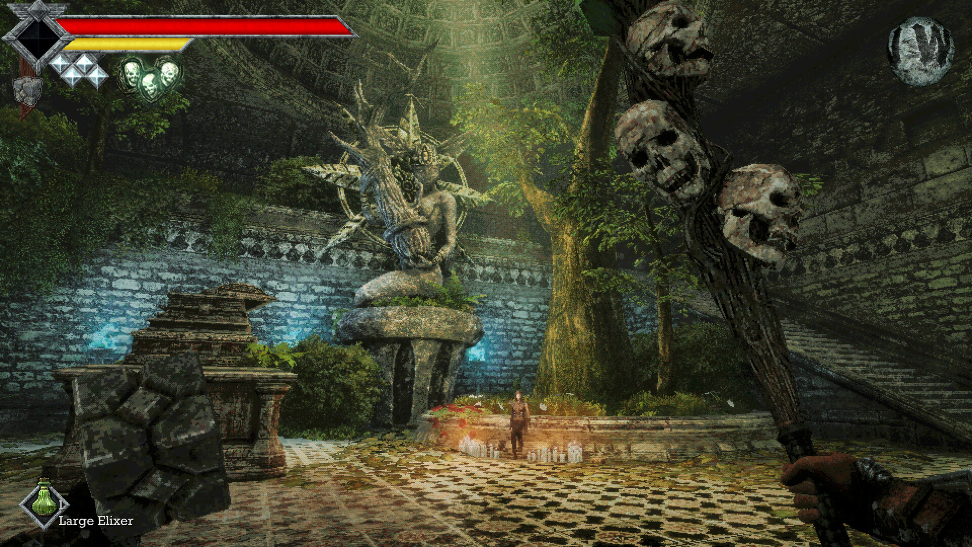 A torch-lit stone courtyard where a towering plant-like creature waits beside carved skull pillars