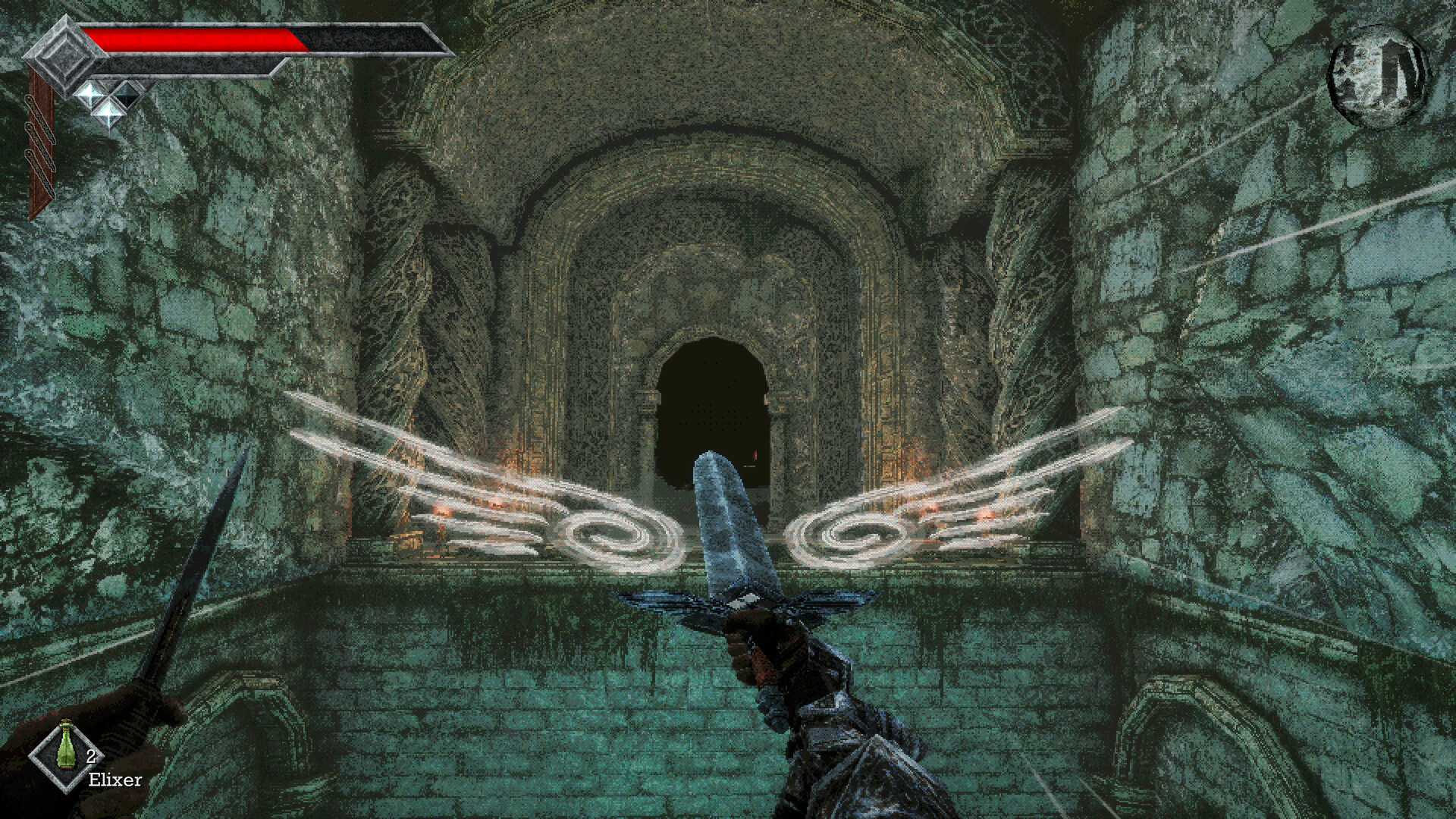 A pair of glowing white wings floating before a sealed stone doorway