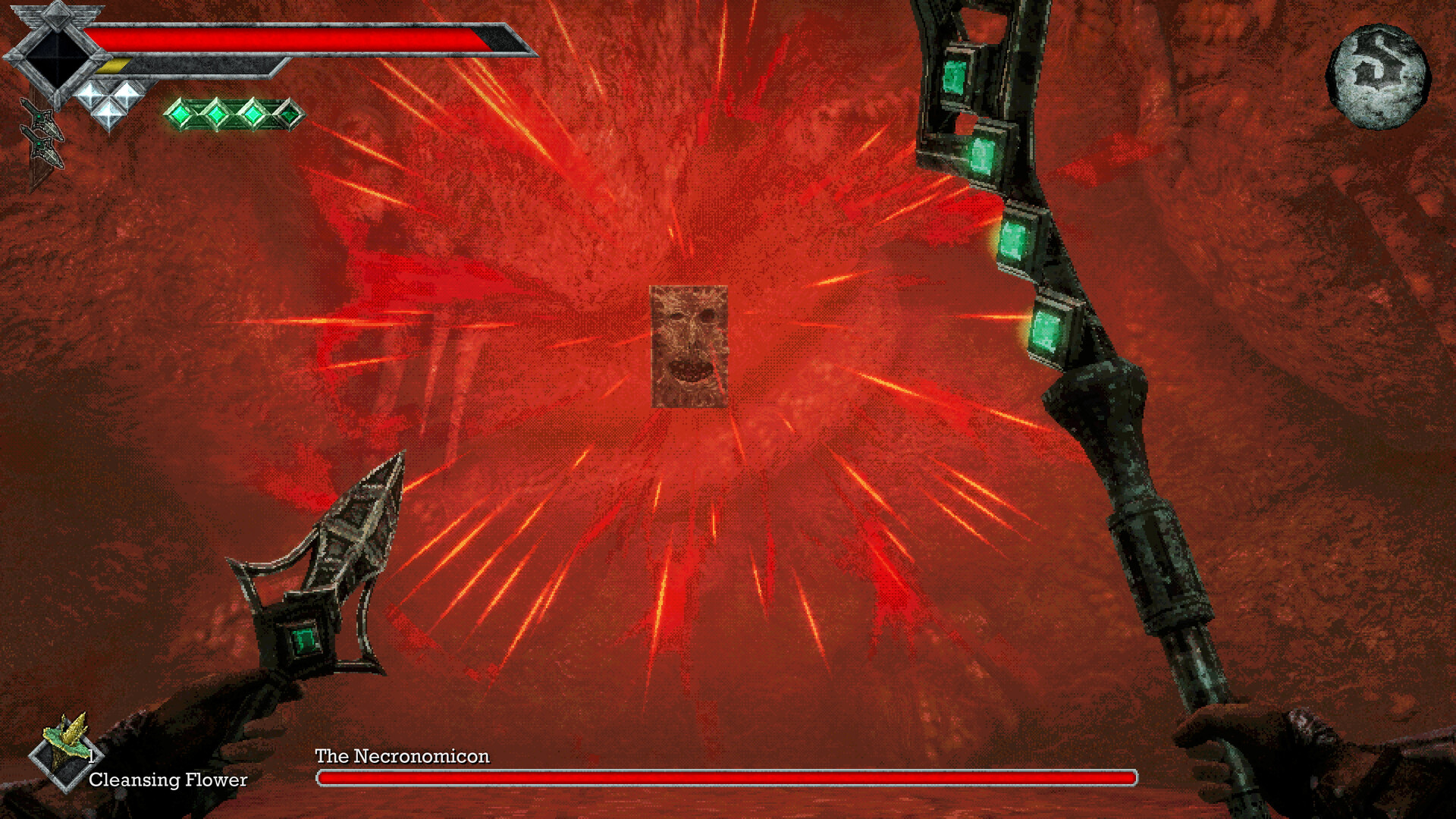 A crimson detonation fills the screen during a fight with the Necromancer