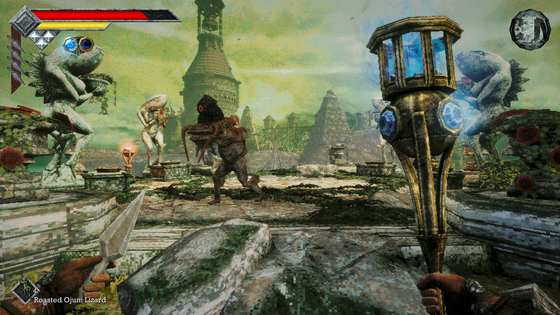 A skull-topped staff raised against engorged creatures on a green-lit ruin field