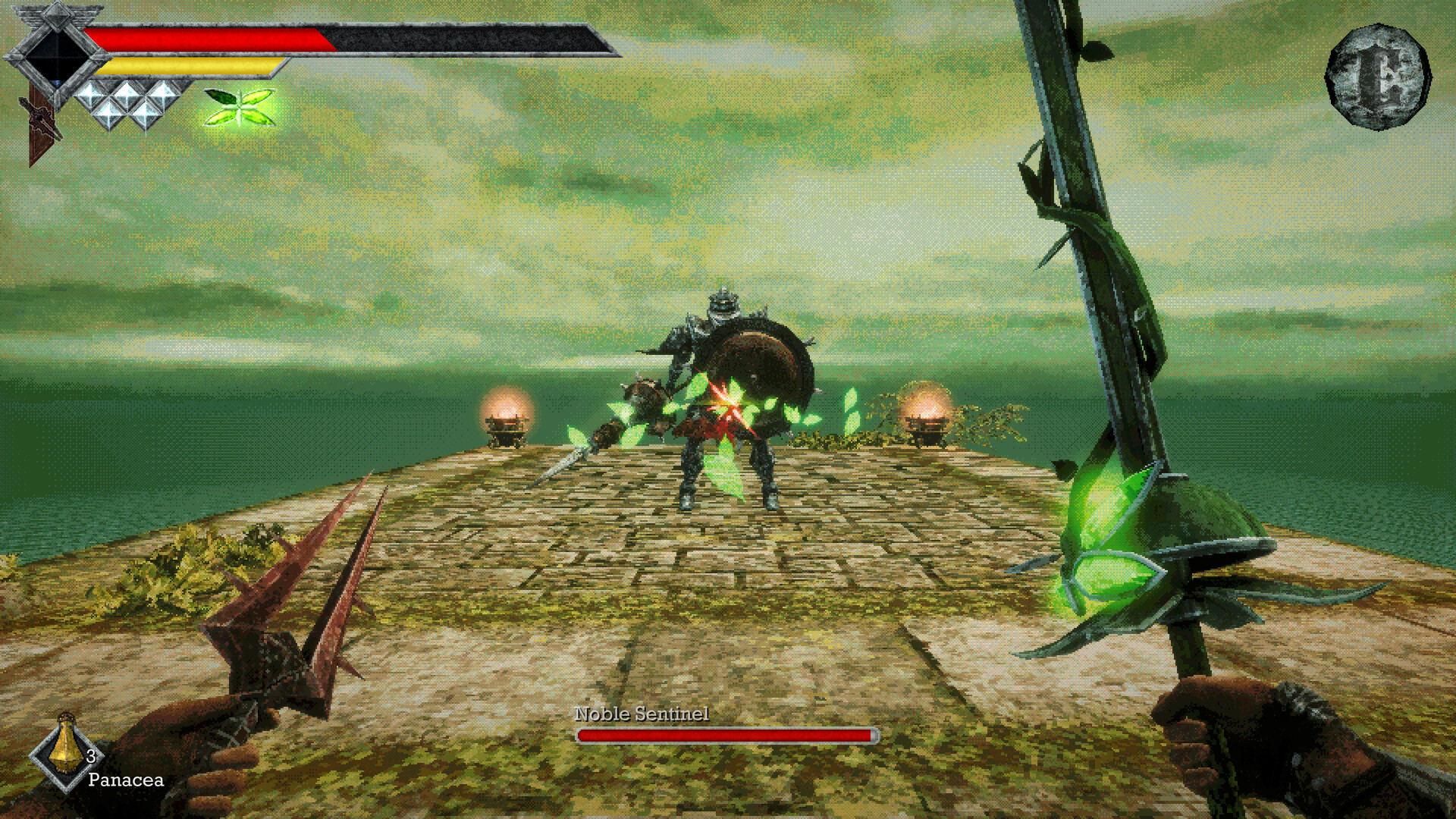 A screaming spirit on a sea wall, its body bleeding green light over the water